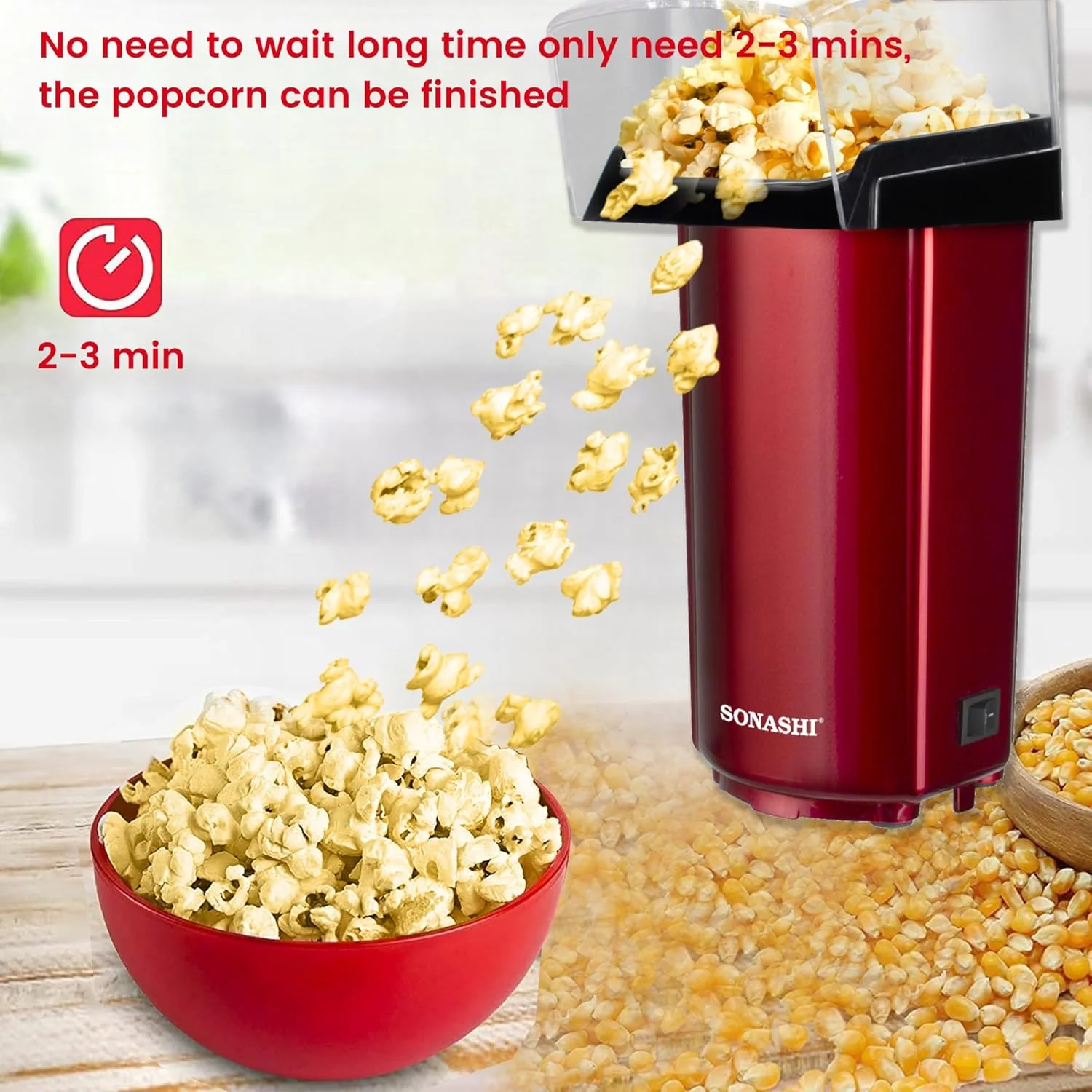 Sonashi Popcorn Maker | Classic Style Machine makes Hot, Fresh, and Fat-Free popcorn anytime - On/Off Switch, Easy To Use with Non-slip Feet | Detachable Cap for easy clean 40 ml 900 W SPCM-101 Red - Image 4