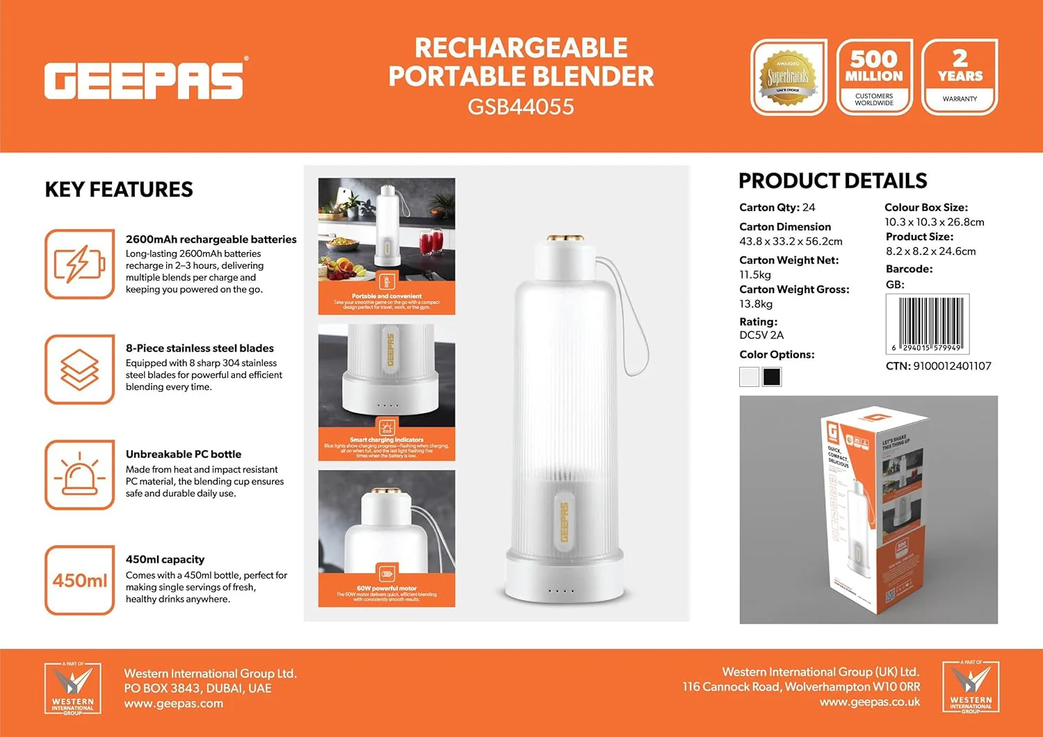 Geepas Rechargeable Portable Blender- GSB44055/ 450 ml Capacity, 8 Stainless Steel Blades, PC Bottle, with Smart Charging Indicators/White - Image 4