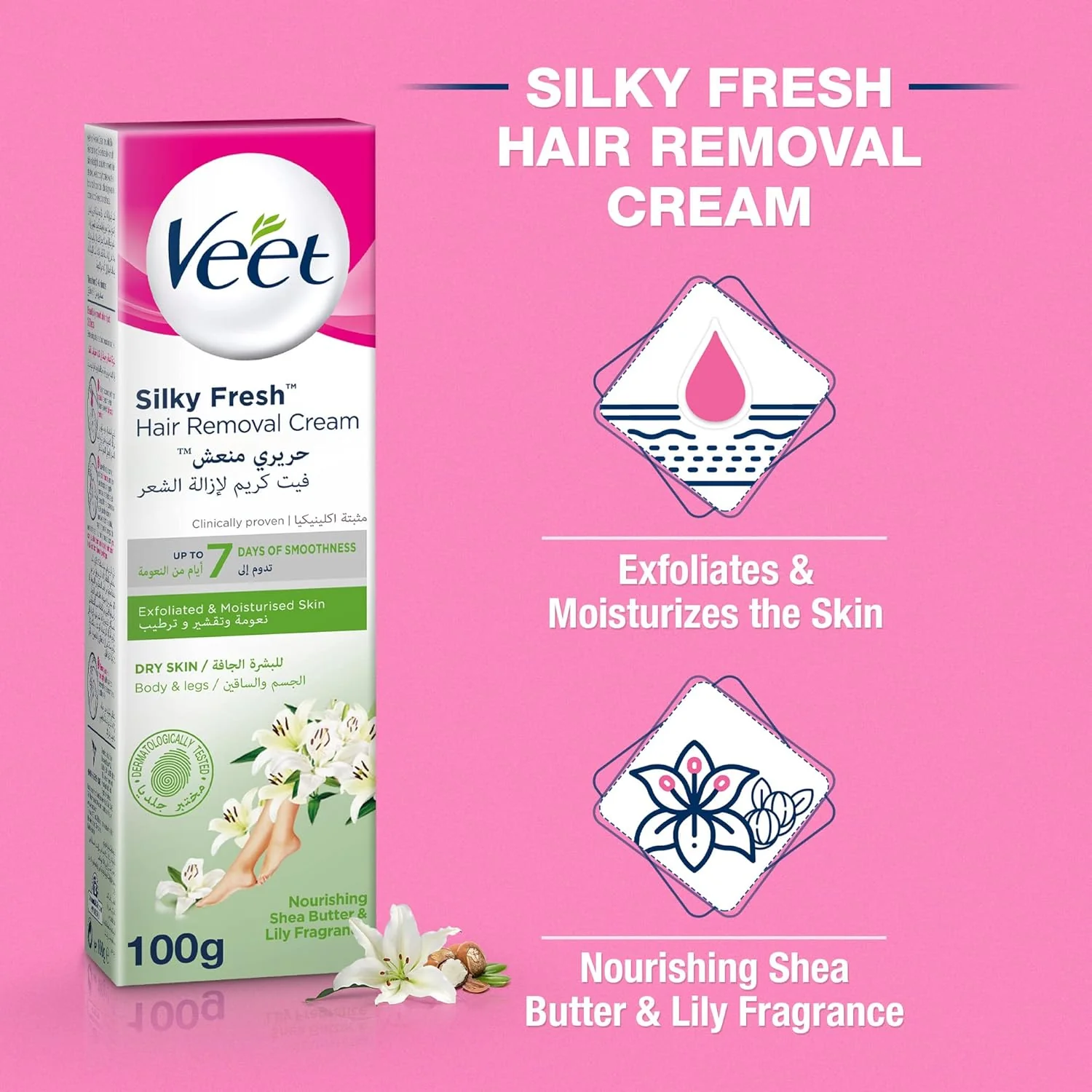 Veet Silky Fresh Hair Removal Cream, Nourishing Shea Butter & Lily Scent- 100g - Image 3