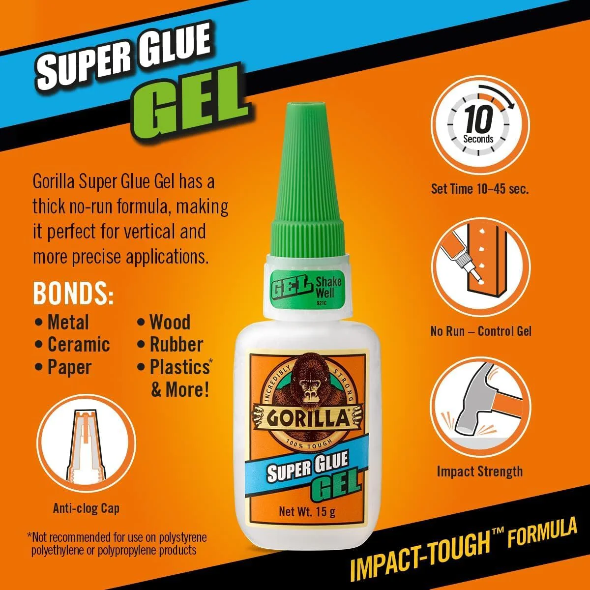 Gorilla Super Glue Gel 15 Gram – Clear, Thick No-Drip Formula - Image 2