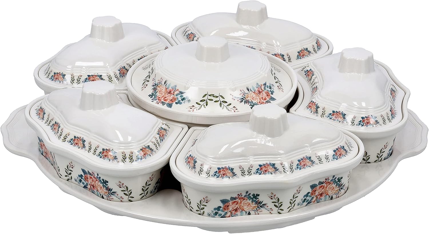Delicasa Floral Melamine Serving Set with Rotating Tray - 6-Piece Covered Dish Assorted Design