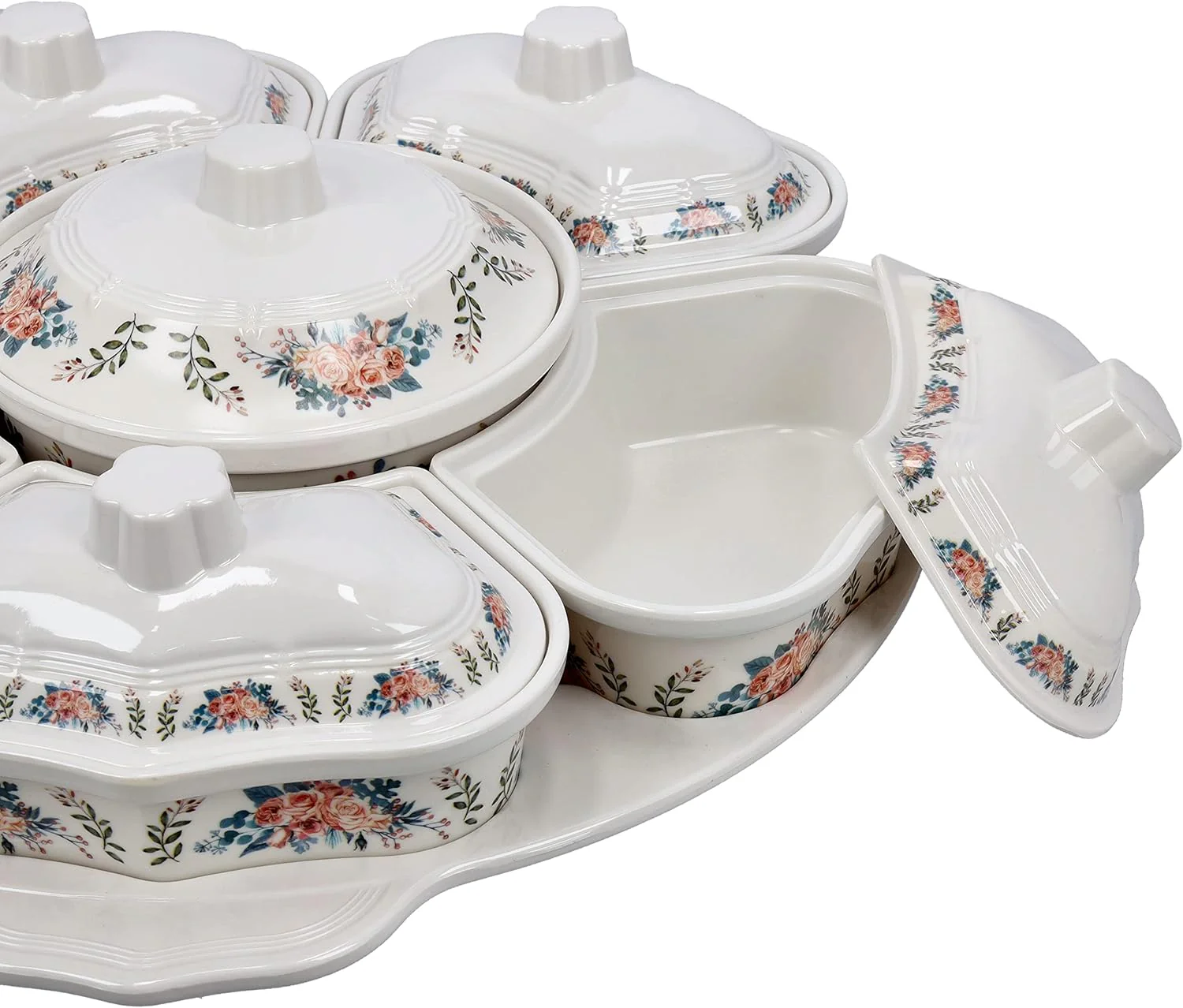 Delicasa Floral Melamine Serving Set with Rotating Tray - 6-Piece Covered Dish Assorted Design - Image 2