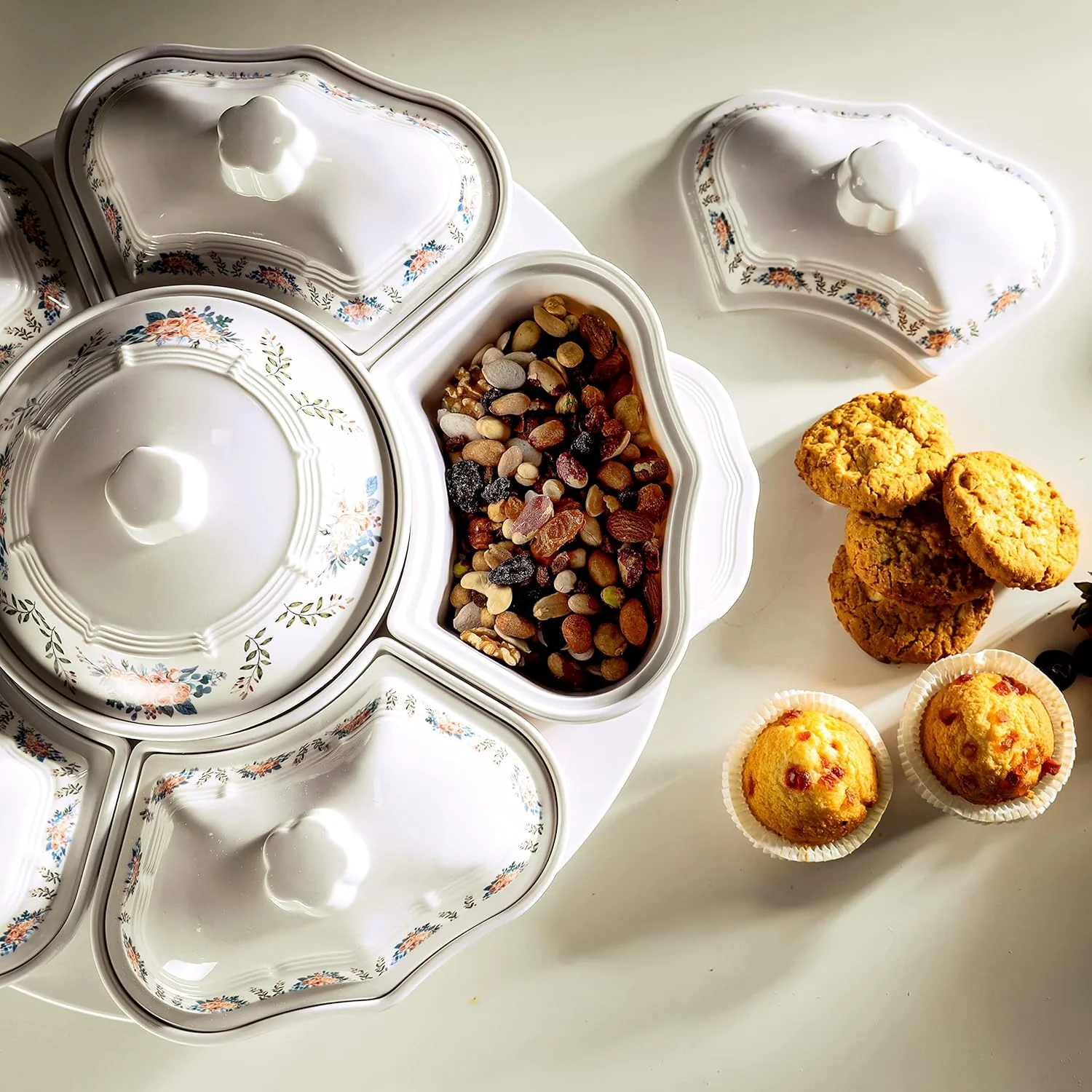 Delicasa Floral Melamine Serving Set with Rotating Tray - 6-Piece Covered Dish Assorted Design - Image 4