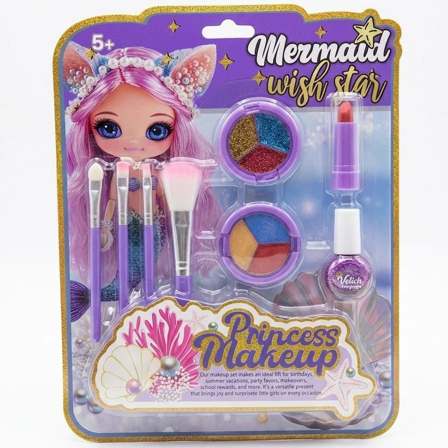 AKDC Mermaid Princess Kids Makeup Set – Glitter Eyeshadow, Lipstick & Nail Polish (Ages 5+)