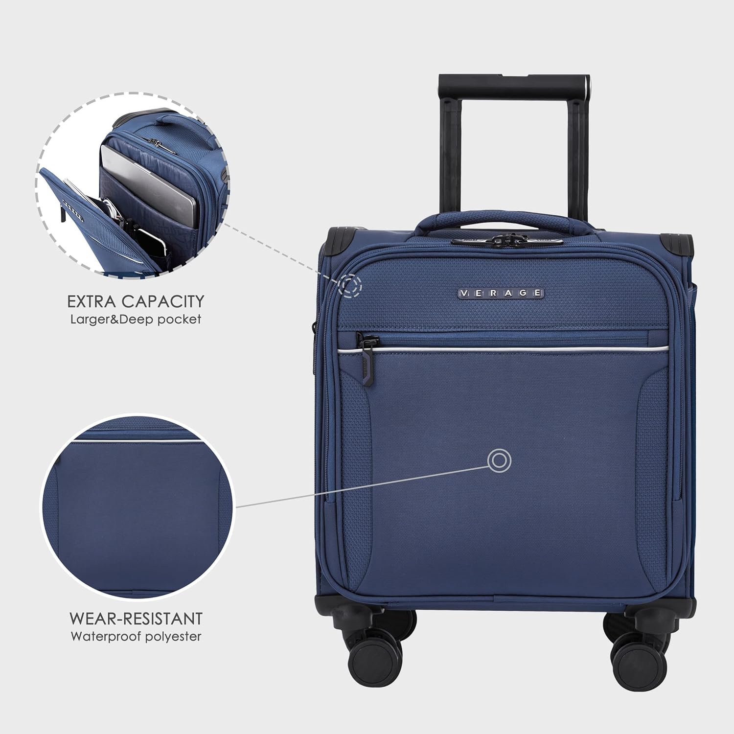 Verage Toledo 15-Inch Underseat Softside Carry-On with Spinner Wheels & USB Charging Port – Navy - Image 3