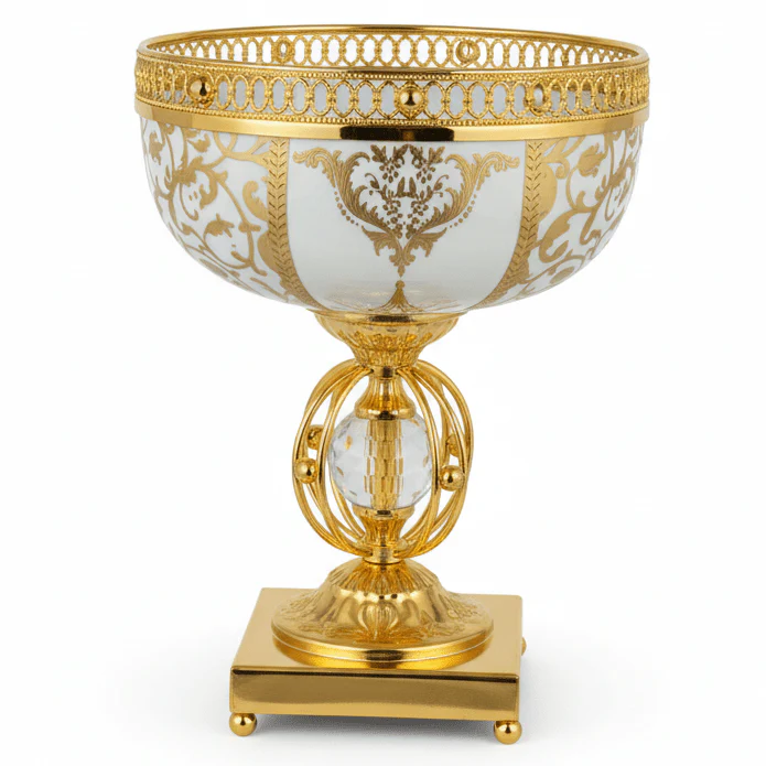 Veranese Bloom Compact Golden Metal Footed white Ceramic Fruit Bowl Elegant Table Centerpiece 24×18cm