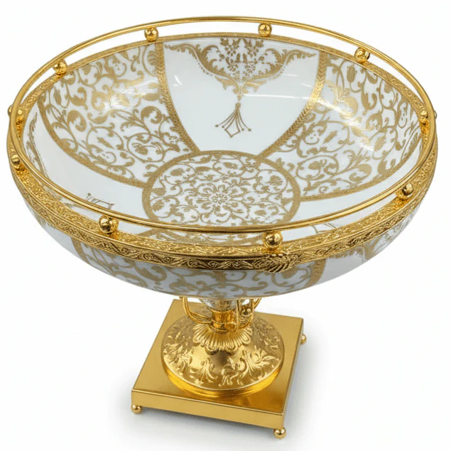 Veranese Luxury Golden Metal Footed White Ceramic Fruit Bowl Decorative Serving Bowl 28×22cm