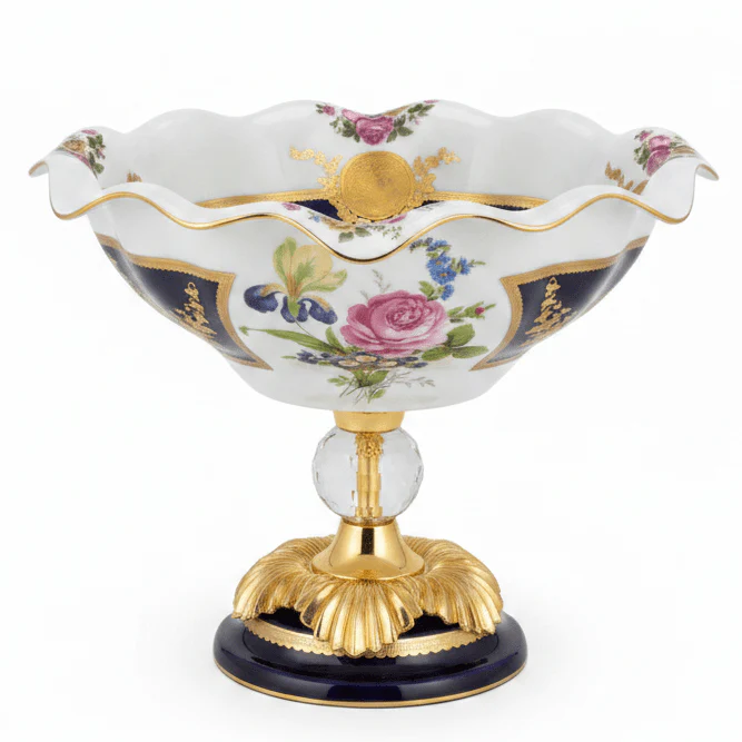 Veranese Premium Footed Ceramic and Metal Fruit Serving Bowl White and Navy Blue with Gold Floral Design 29×24 cm Elegant Centerpiece