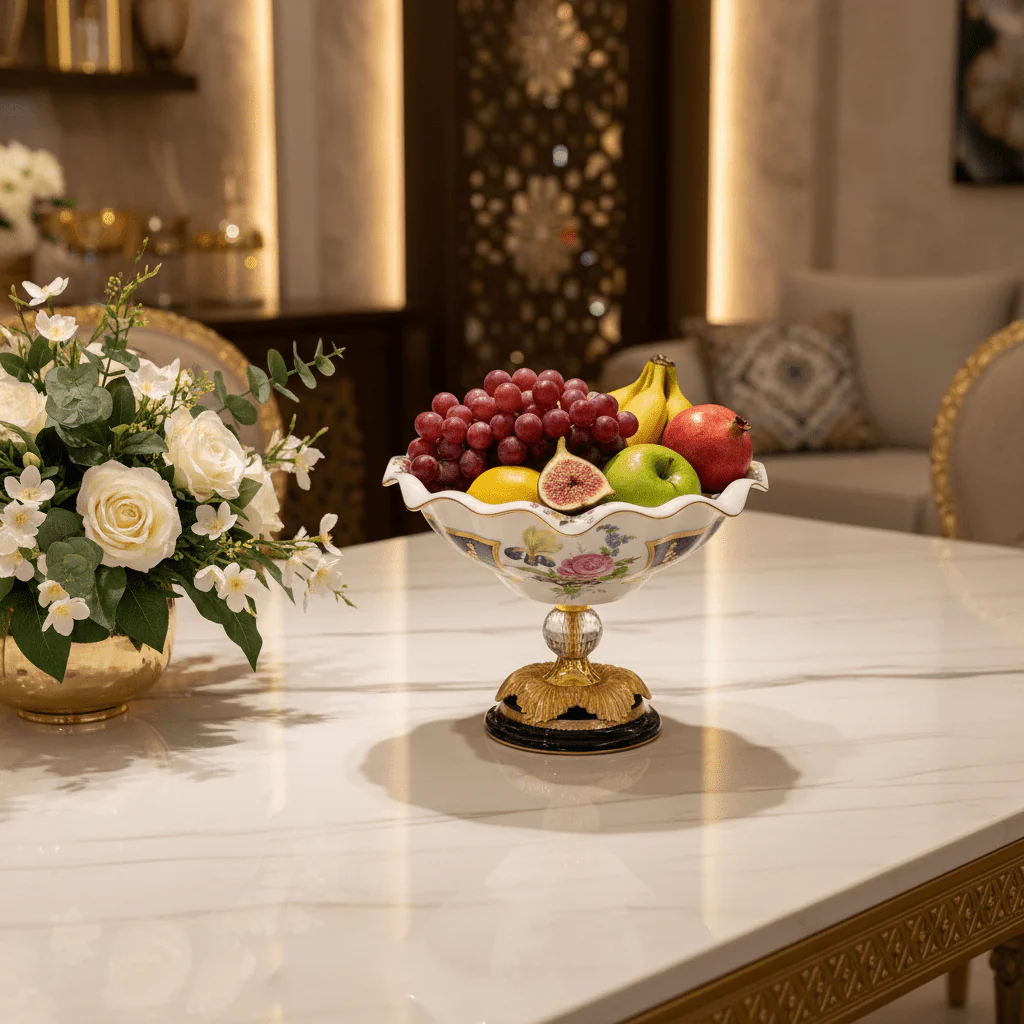 Veranese Premium Footed Ceramic and Metal Fruit Serving Bowl White and Navy Blue with Gold Floral Design 29×24 cm Elegant Centerpiece - Image 2