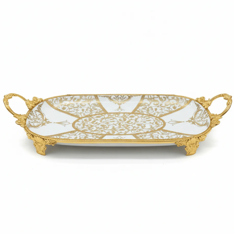 Veranese white Classic Large Oval Golden Metal Footed Ceramic Fruit Tray Elegant Serving Platter 40×22cm