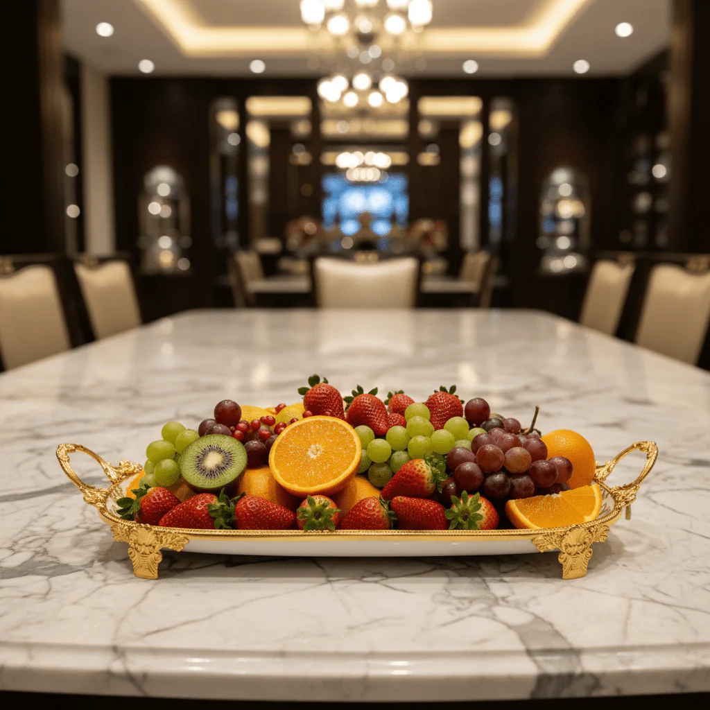Veranese white Classic Large Oval Golden Metal Footed Ceramic Fruit Tray Elegant Serving Platter 40×22cm - Image 2