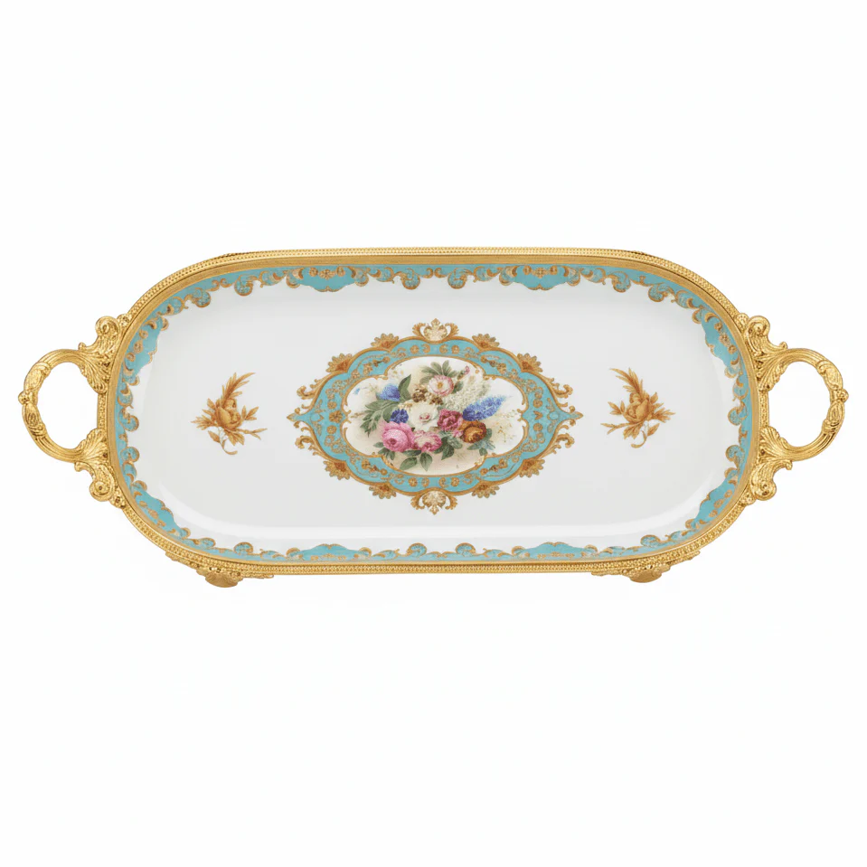 Veranese White Floral Large Oval Golden Metal Footed Ceramic Fruit Tray Flower Design 40×22cm