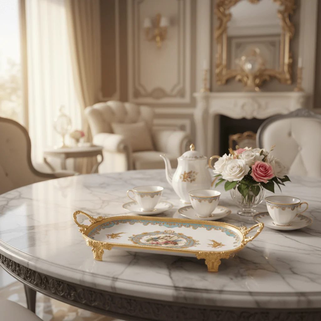 Veranese White Floral Oval Golden Metal Footed Ceramic Fruit Tray Flower Design Serving Dish 34×20cm - Image 2