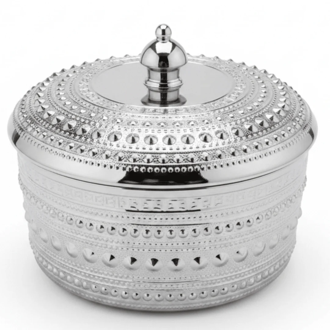 Verucci Elegant White Ceramic Dates Bowl with Silver Metal Stand & Lid – 8.5 Inch