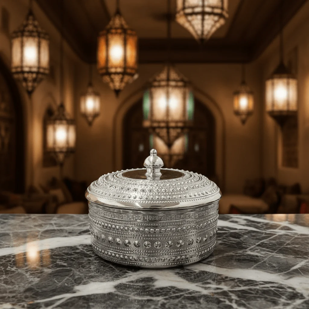 Verucci Elegant White Ceramic Dates Bowl with Silver Metal Stand & Lid – 8.5 Inch - Image 2