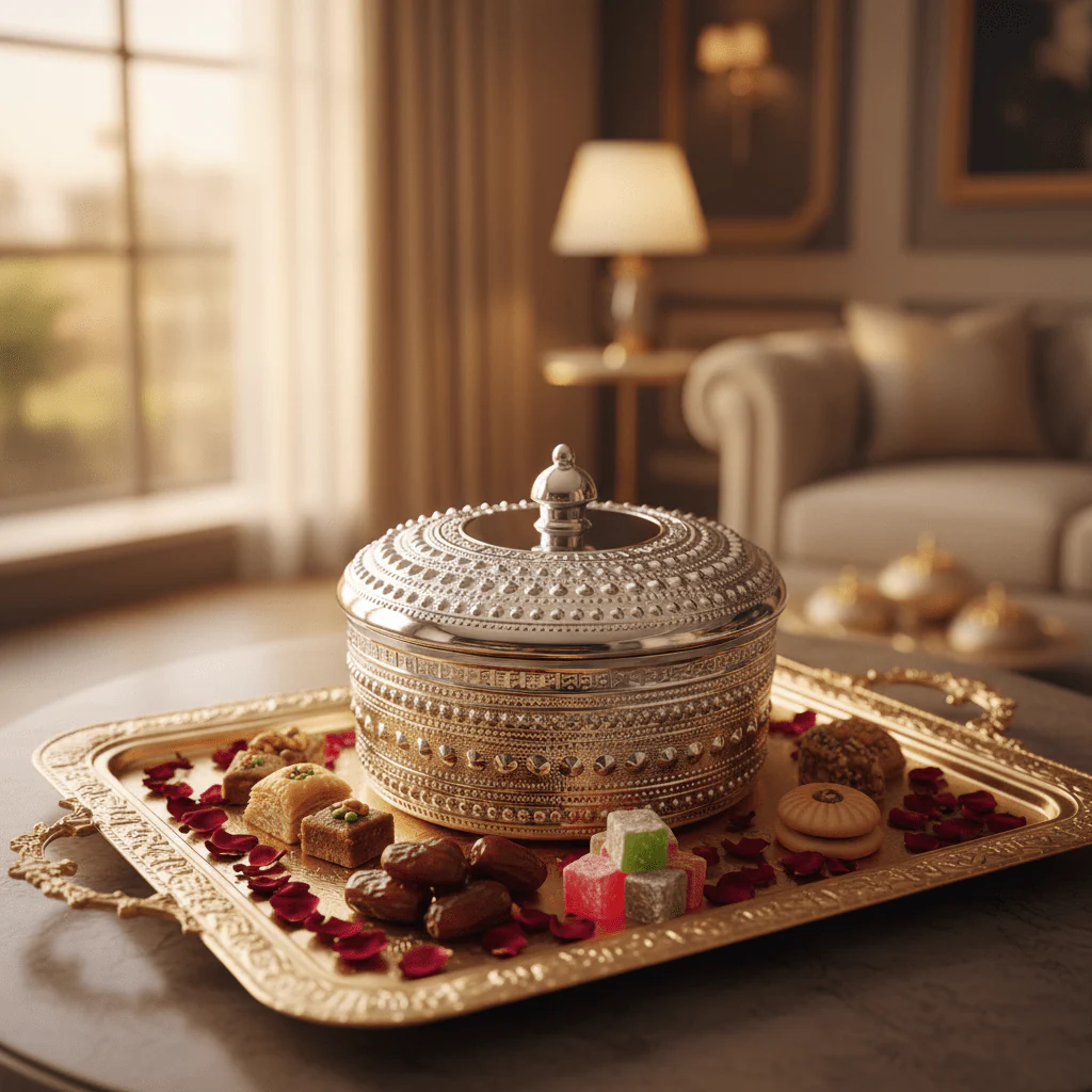 Verucci Elegant White Ceramic Dates Bowl with Silver Metal Stand & Lid – 8.5 Inch - Image 3