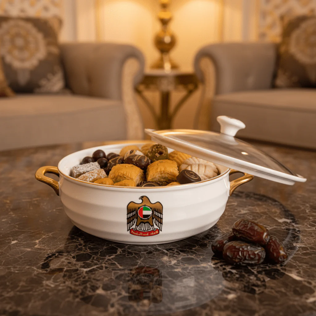 Verucci Luxury White Ceramic Candy Bowl with UAE Falcon Emblem & Glass Lid – 8 Inch - Image 2
