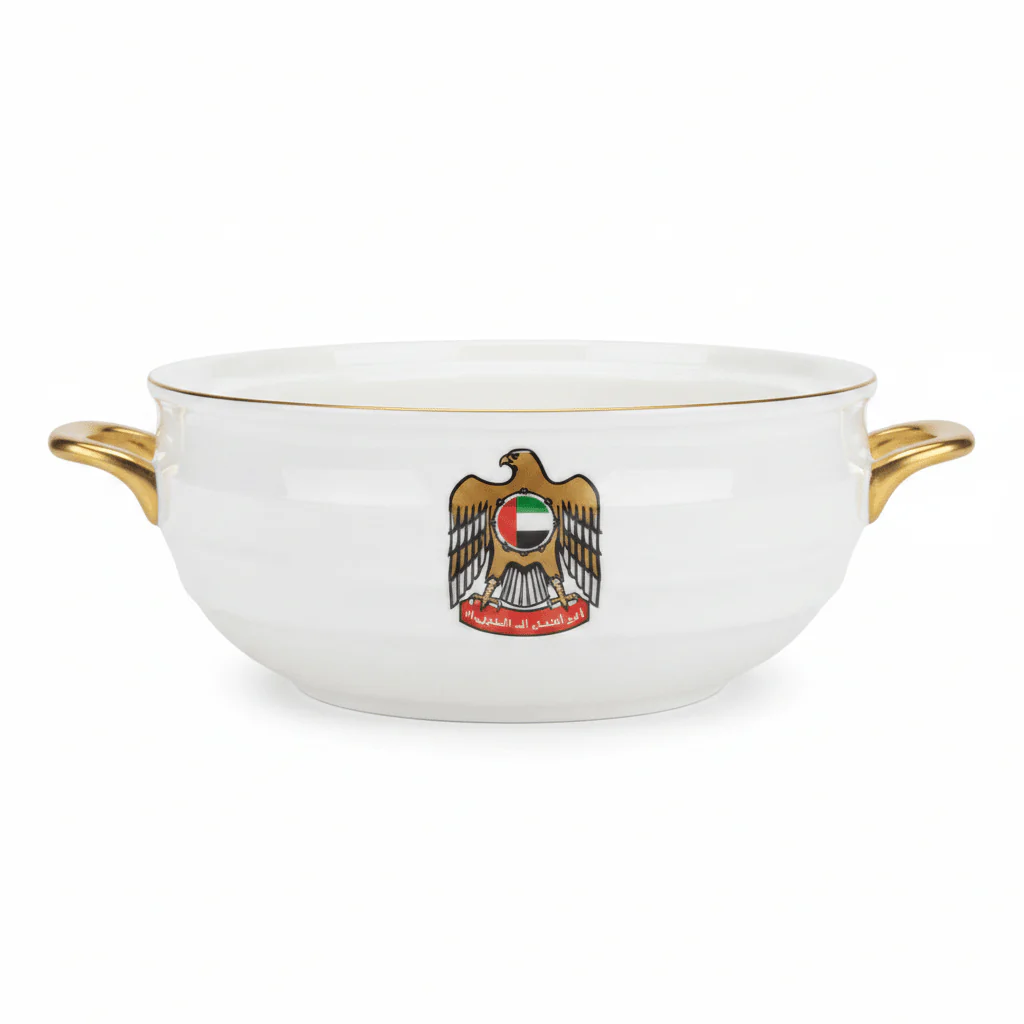 Verucci Luxury White Ceramic Candy Bowl with UAE Falcon Emblem & Glass Lid – 8 Inch - Image 4