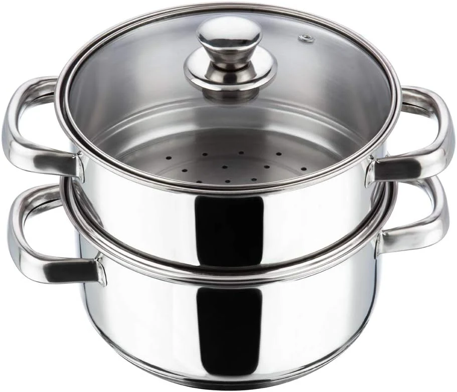 Vinod 18cm 2-Tier Stainless Steel Idli & Multi Steamer with Glass Lid – Induction Base