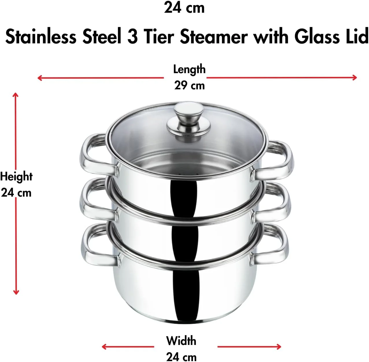 Vinod 24cm 3-Tier Stainless Steel Idli Steamer with Glass Lid – Heavy Base Cooker - Image 2