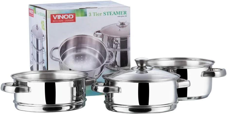 Vinod 24cm 3-Tier Stainless Steel Idli Steamer with Glass Lid – Heavy Base Cooker - Image 4