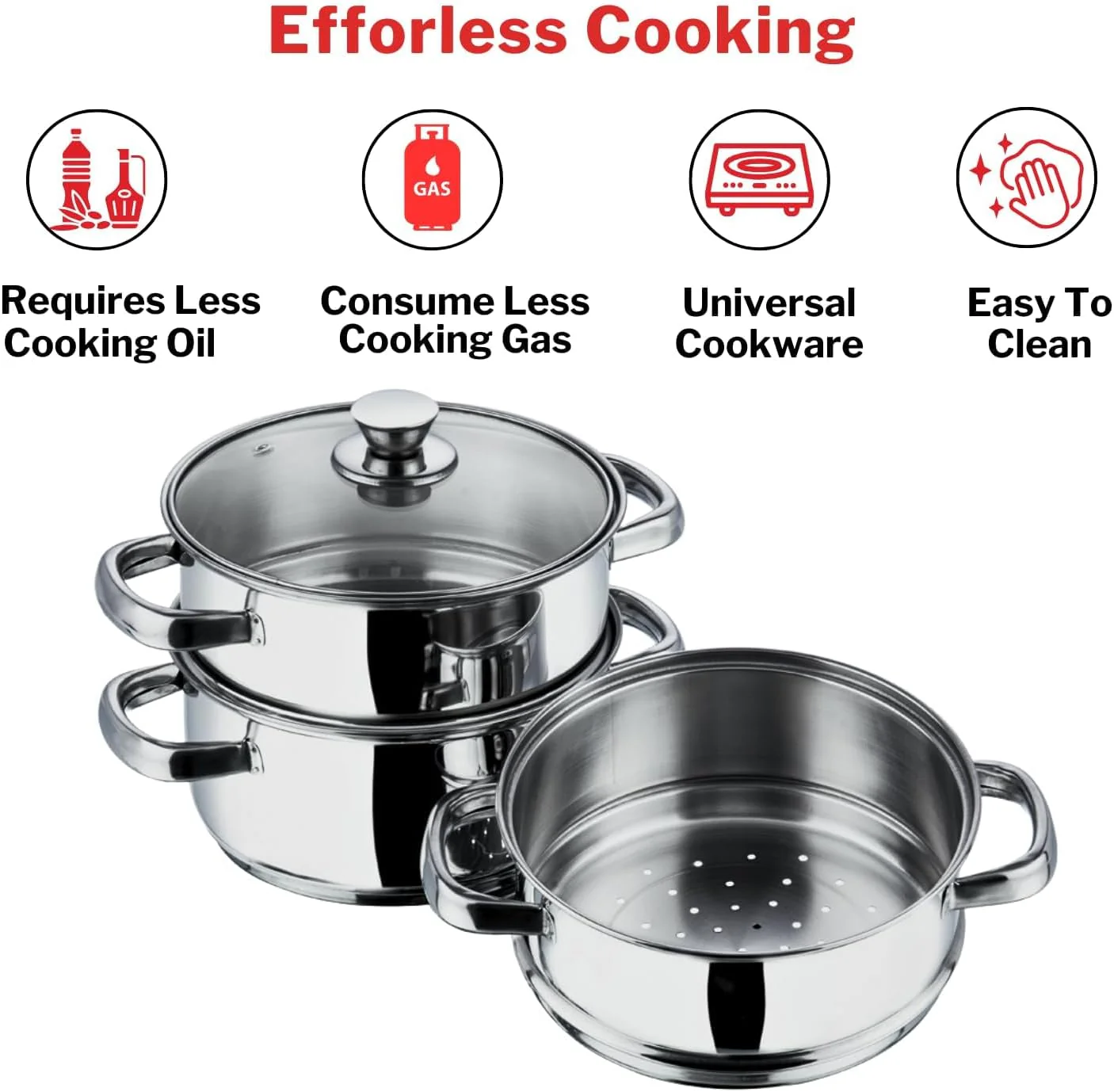Vinod 28cm 3-Tier Stainless Steel Multi-Purpose Steamer with Glass Lid – Induction Compatible - Image 3