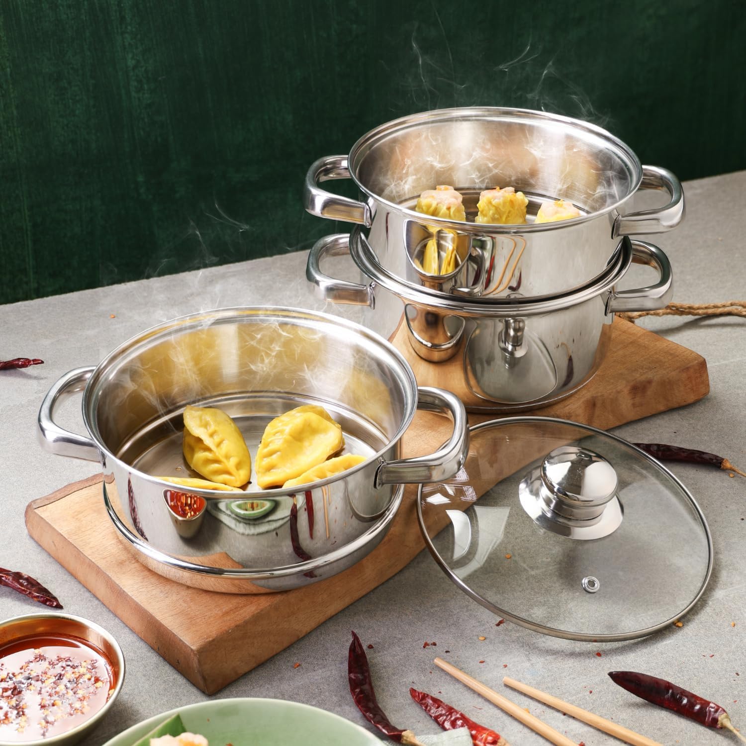 Vinod 28cm 3-Tier Stainless Steel Multi-Purpose Steamer with Glass Lid – Induction Compatible - Image 5