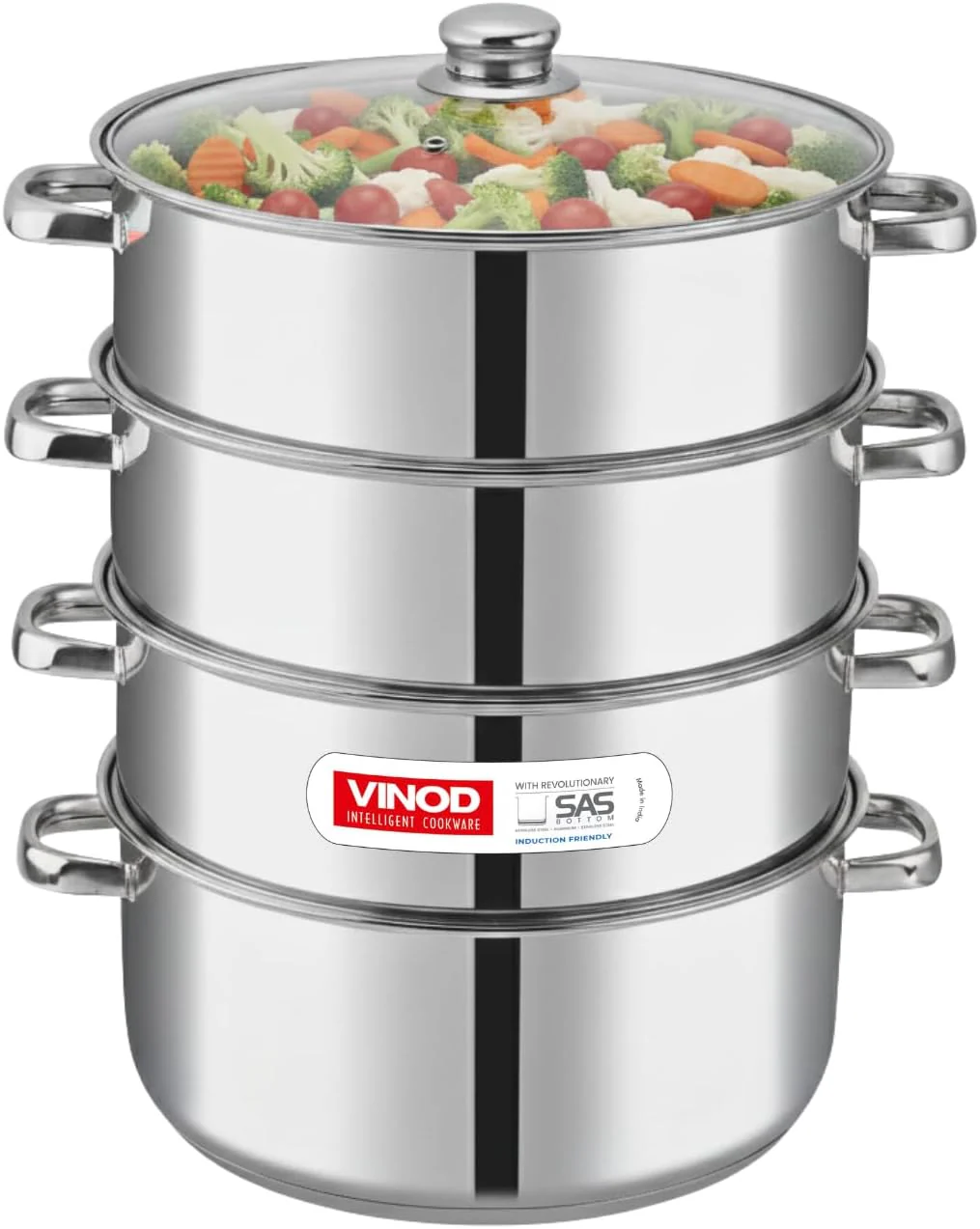 Vinod 30cm 4-Tier Stainless Steel Multi-Layer Steamer with Glass Lid – Heavy Duty Cooker