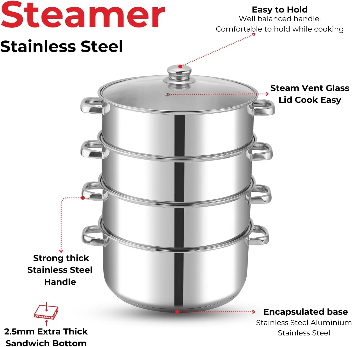 Vinod 30cm 4-Tier Stainless Steel Multi-Layer Steamer with Glass Lid – Heavy Duty Cooker - Image 2