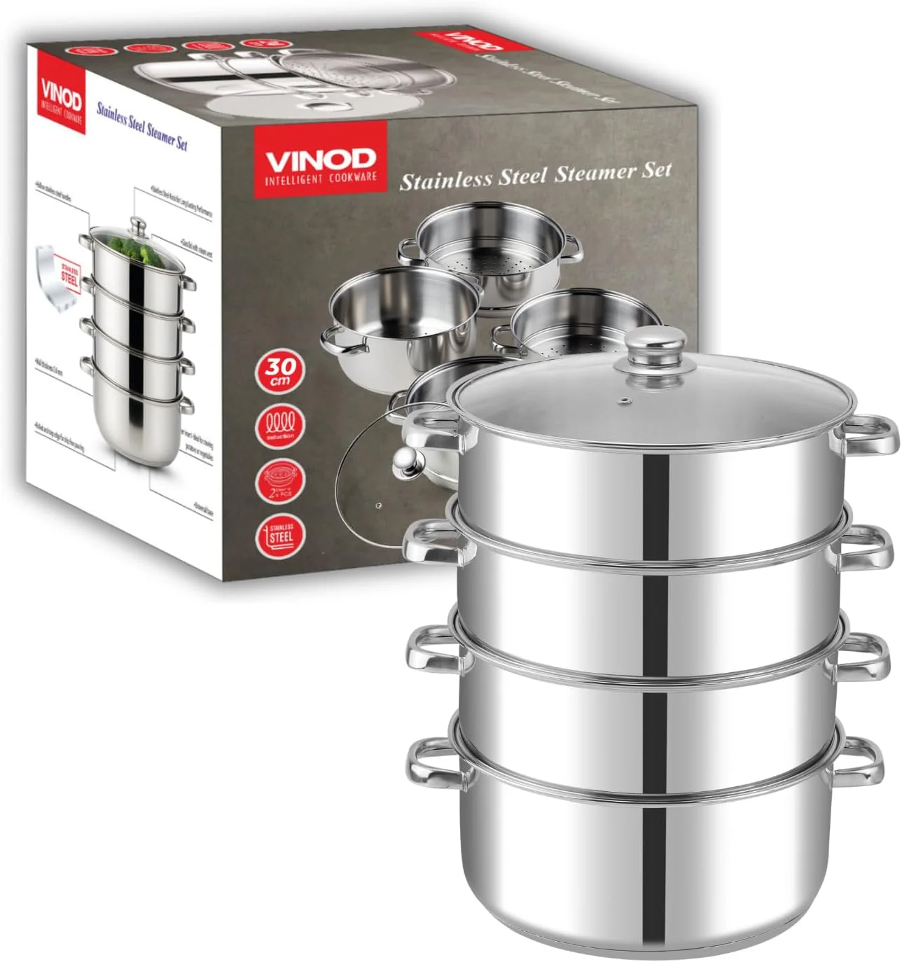 Vinod 30cm 4-Tier Stainless Steel Multi-Layer Steamer with Glass Lid – Heavy Duty Cooker - Image 3