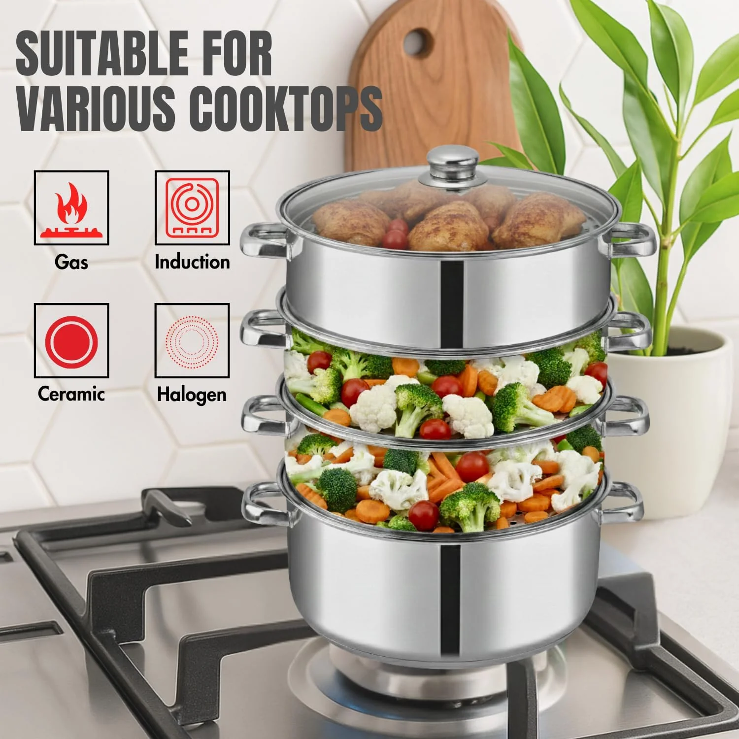 Vinod 30cm 4-Tier Stainless Steel Multi-Layer Steamer with Glass Lid – Heavy Duty Cooker - Image 5