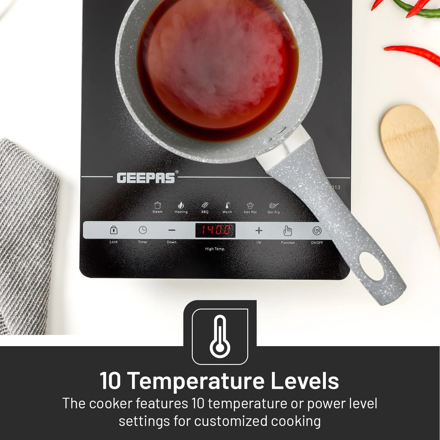 Geepas 4 Digit LED Display Digital Infrared Cooker, GIC33013 | 8 Temperature Settings | 3hrs Programmable Timer | 2000W Ceramic Heating Element - Image 4