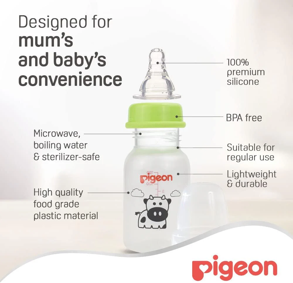 Pigeon Slim Neck Animal Decorated Plastic Feeding Bottle, Ultra Soft Silicone Nipple, Anti Colic, Bpa & Bps Free, 120Ml, Multicolor - Image 2