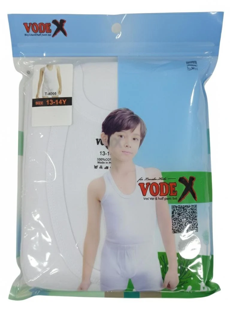 Vodex Boys Cotton Vest with Half Pant Set, Soft Touch Fabric, White Color, Kids Wear, 13–14 Years