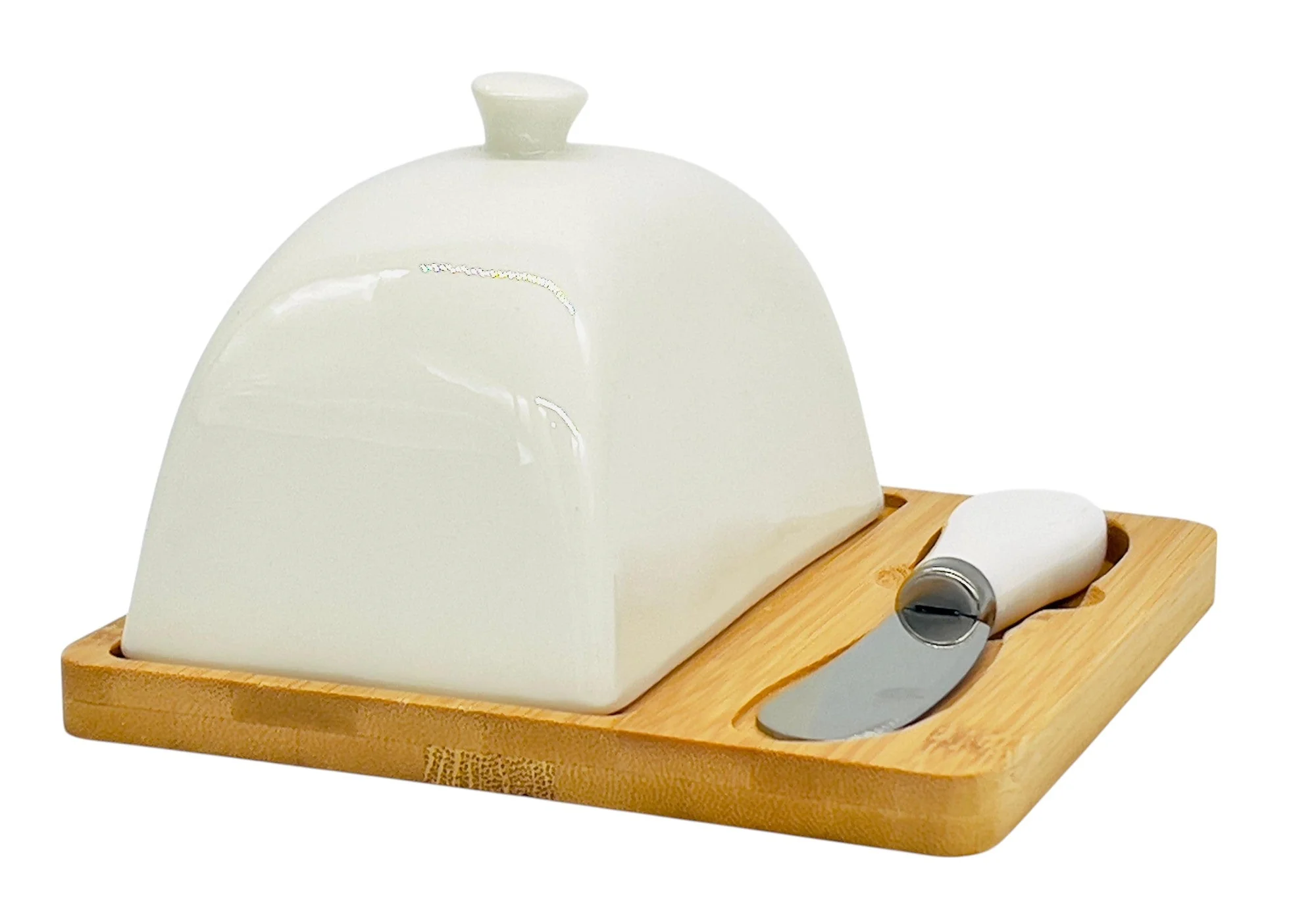 VOGATI Ceramic Butter Plate with Bamboo Base 15cm*15cm*9.5cm - Image 2