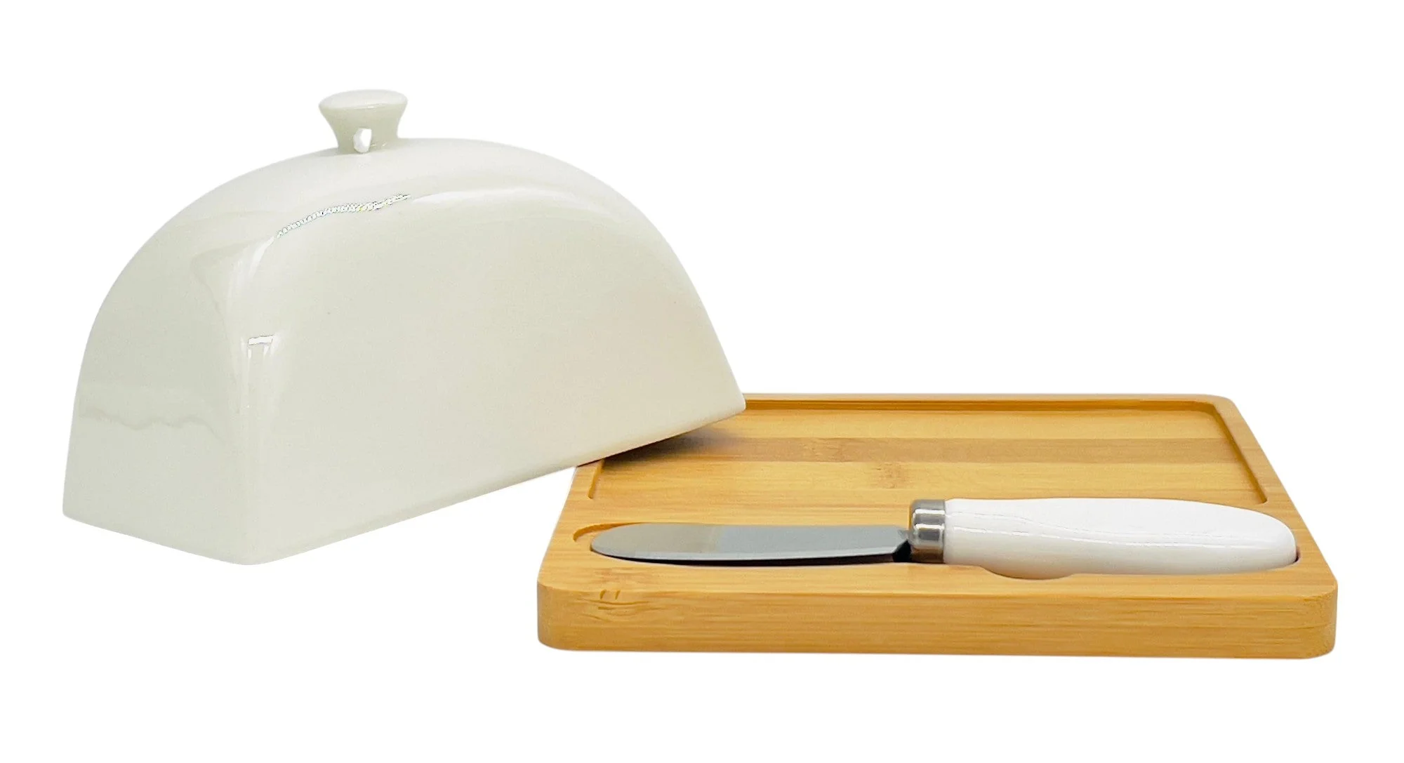 VOGATI Ceramic Butter Plate with Bamboo Base 15cm*15cm*9.5cm - Image 3