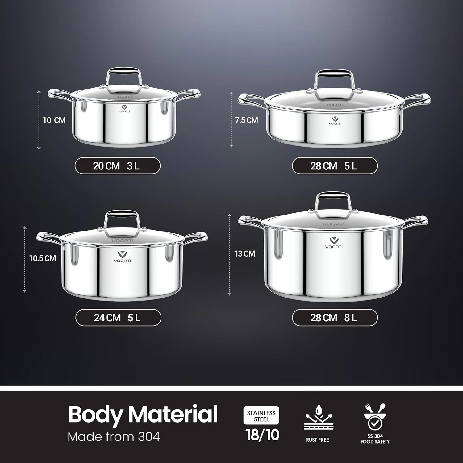 Vogati Tri-Ply Stainless Steel 8-Piece Cookware Set – Induction Compatible Pots & Pan with Glass Lids, PFOA Free - Image 2