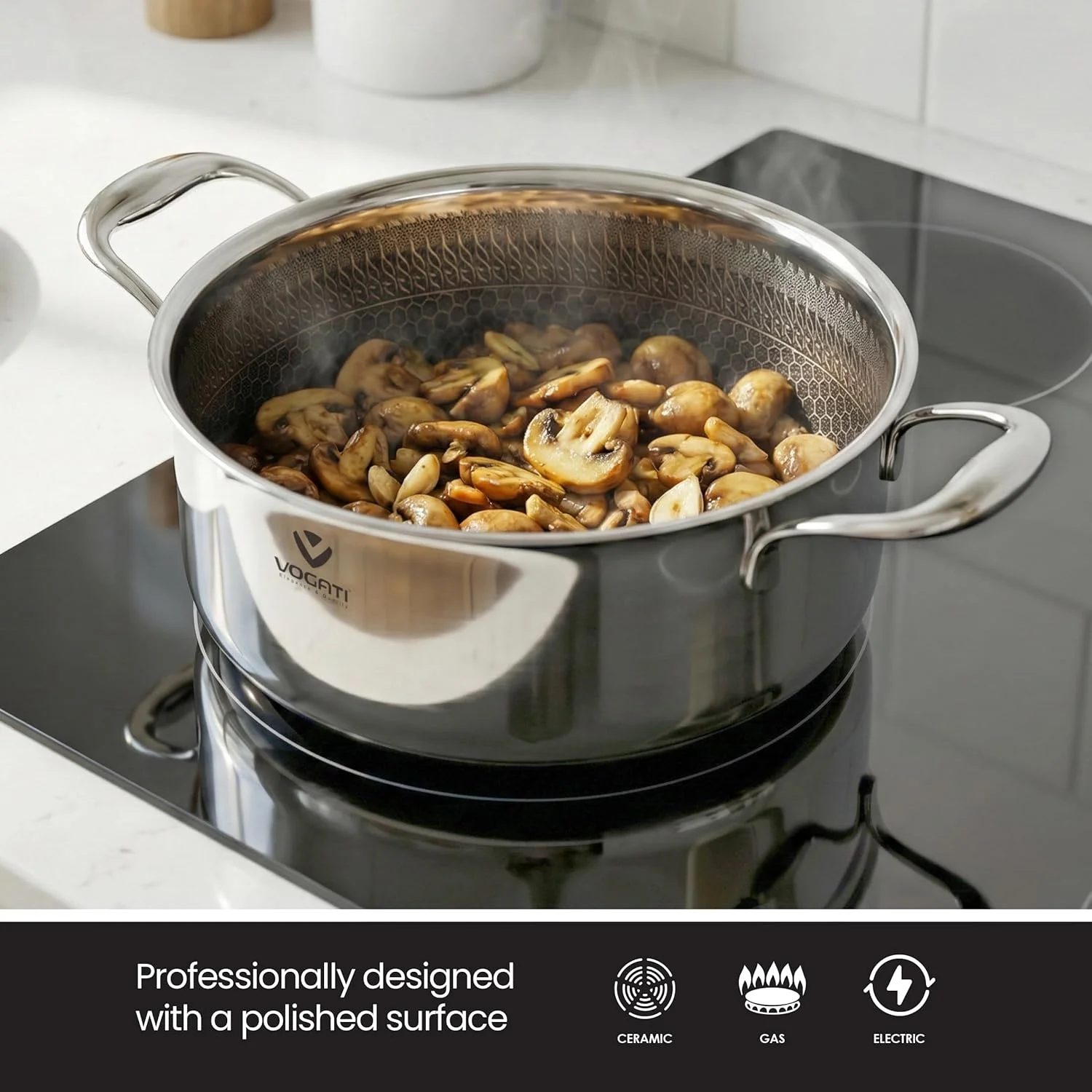 Vogati Tri-Ply Stainless Steel 8-Piece Cookware Set – Induction Compatible Pots & Pan with Glass Lids, PFOA Free - Image 4
