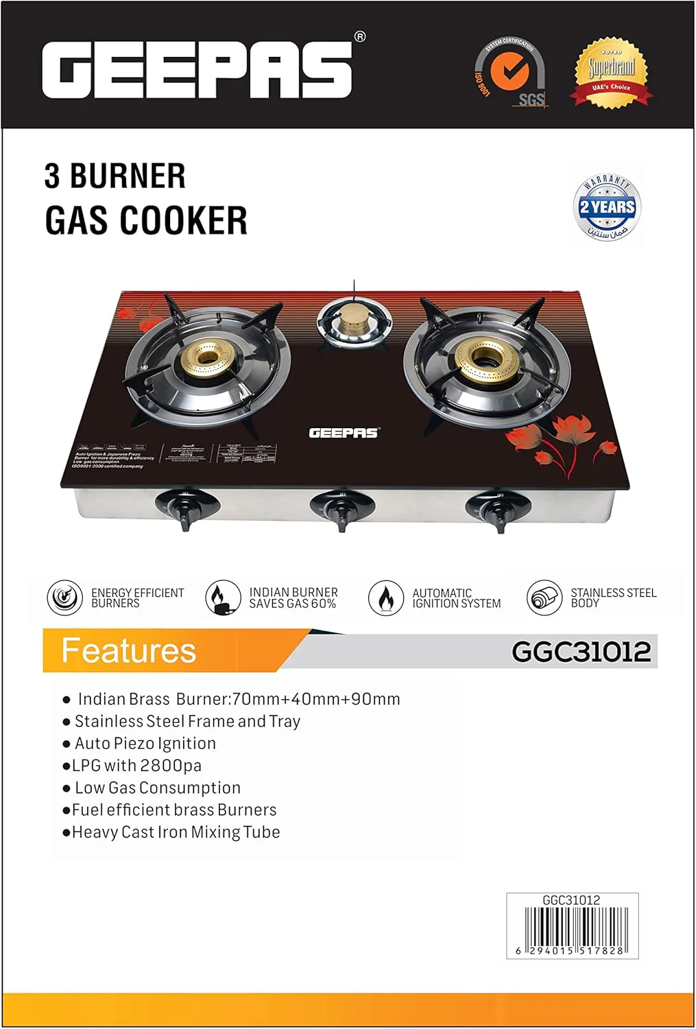 Geepas GGC31012 3-Burner Gas Cooker Size 70mm, 40mm & 90mm Respectively - Ergonomic Design, Automatic Ignition, 3 Heating Zones |Stainless Steel Frame & Tray - Image 4