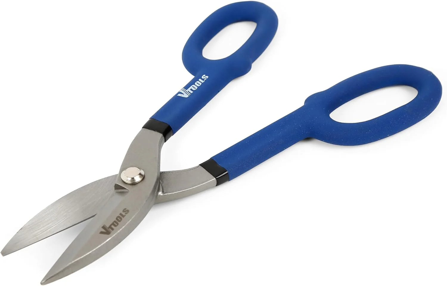 Vtools 12 Inch Straight Tin Snips, Carbon Steel Forged Metal Shears, with Comfortable PVC Dipped Plastic Handle for Cutting Sheet Metal, Hand Cutting Tools, Blue, VT2251