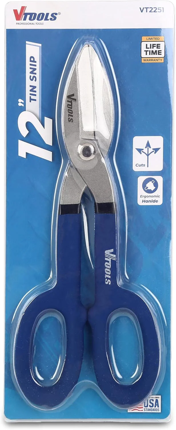Vtools 12 Inch Straight Tin Snips, Carbon Steel Forged Metal Shears, with Comfortable PVC Dipped Plastic Handle for Cutting Sheet Metal, Hand Cutting Tools, Blue, VT2251 - Image 2