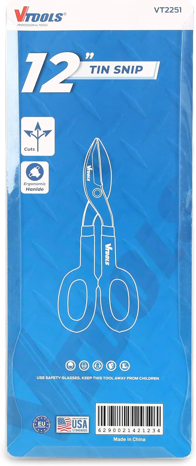 Vtools 12 Inch Straight Tin Snips, Carbon Steel Forged Metal Shears, with Comfortable PVC Dipped Plastic Handle for Cutting Sheet Metal, Hand Cutting Tools, Blue, VT2251 - Image 3