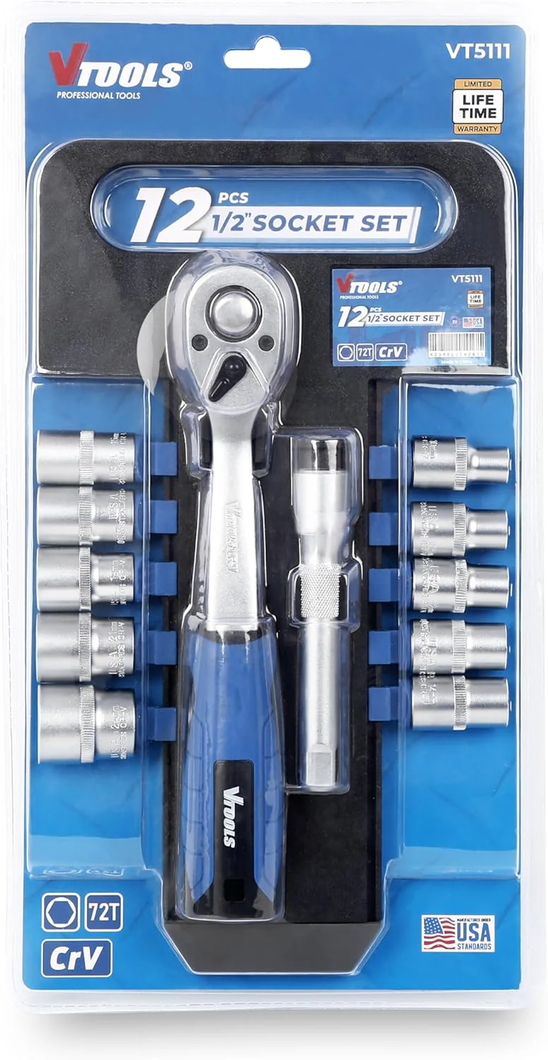 Vtools 12 PC Socket Set 1/2 inch, with Extension Bars, Socket Bits, and Ergonomic Ratchet Wrench Handle,Comprehensive Tool Kit for Auto Repair and DIY,Black,VT5111 - Image 2
