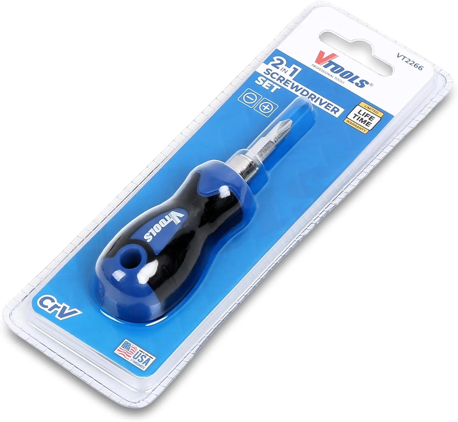 Vtools 2 in 1 Screwdriver (Slotted and Phillips) with Interchangeable Handle, CR-V Material, Shank Size 6.35x75mm, Compact Design, Plastic Hanger Packaging for Easy Storage, Blue, VT2266 - Image 3