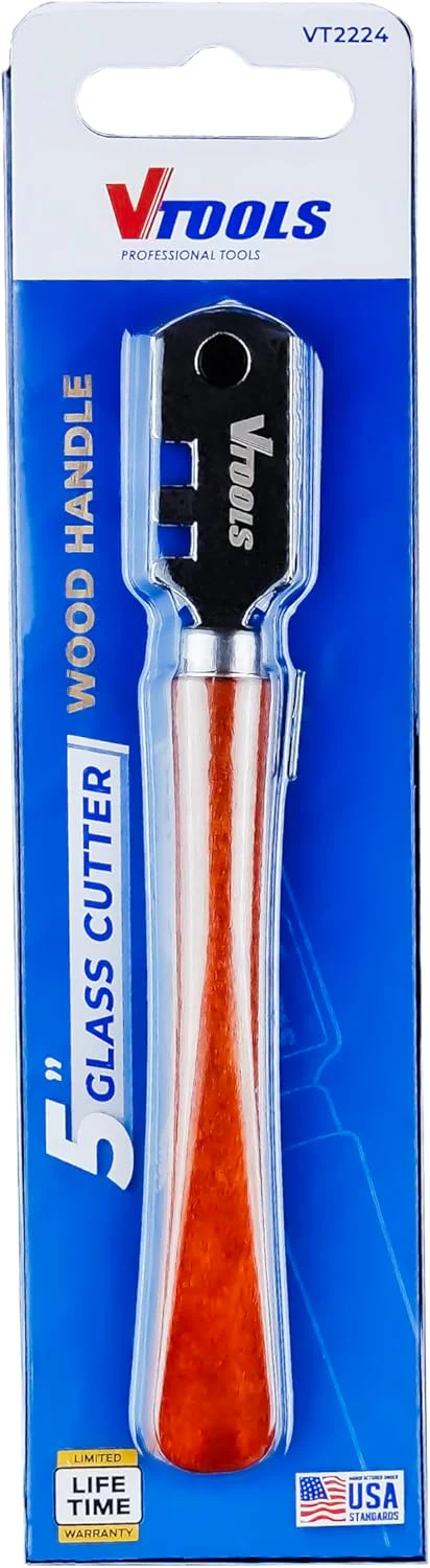 VTOOLS 5 Inch Glass Cutter Tool, Craft Cutting Kit with Wooden Handle, 6 Cutting Blades, for Glass Bottles,Mirrors,Window Panes, Blue, VT2224 - Image 5
