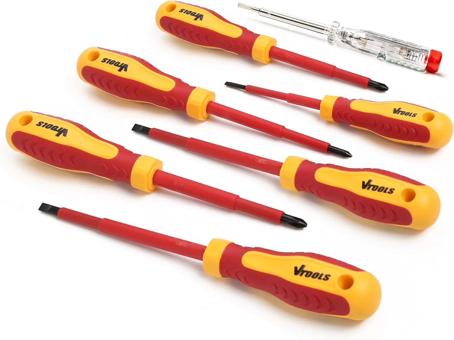 Vtools 7-Piece Insulated Screwdriver Set with Voltage Tester, VDE Certified 1000V, Magnetic, Professional, Cushion Grip, Ergonomic Handle, Flat & Phillips