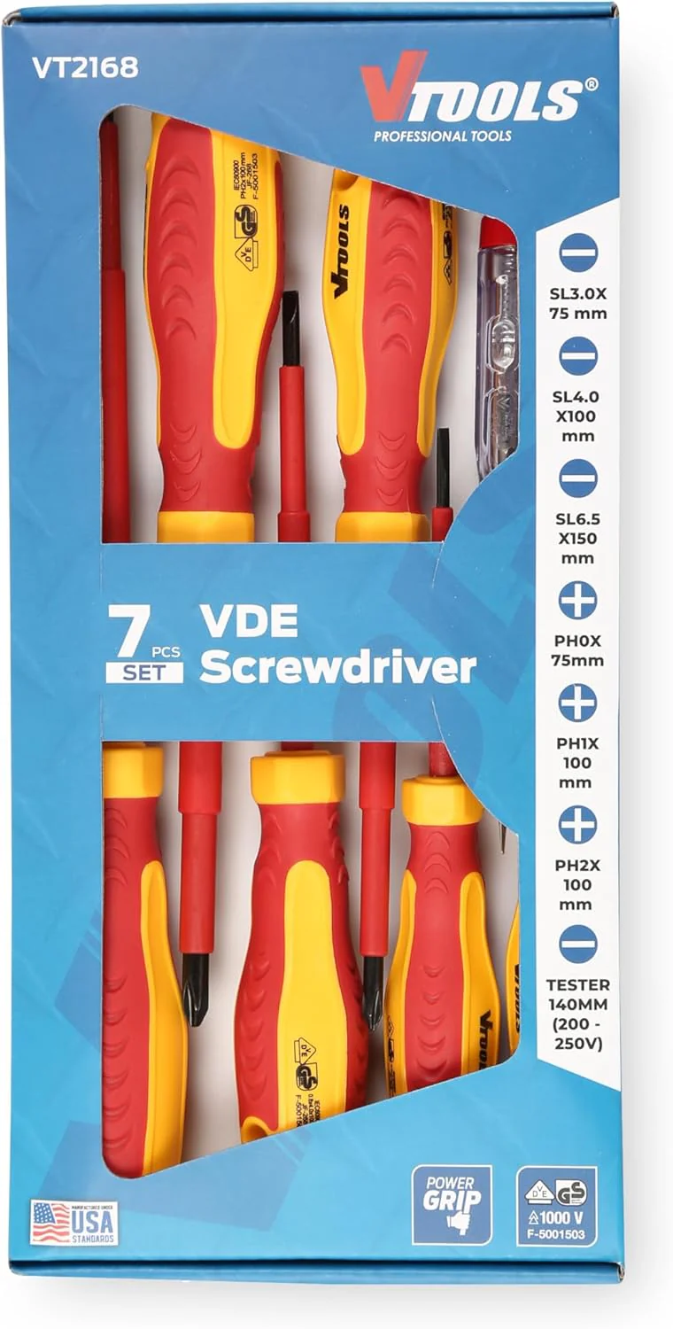 Vtools 7-Piece Insulated Screwdriver Set with Voltage Tester, VDE Certified 1000V, Magnetic, Professional, Cushion Grip, Ergonomic Handle, Flat & Phillips - Image 3