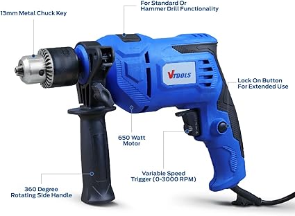VTOOLS Impact Drill 650W with 360 Degree Rotating Side Handle, VT1206 - Image 2