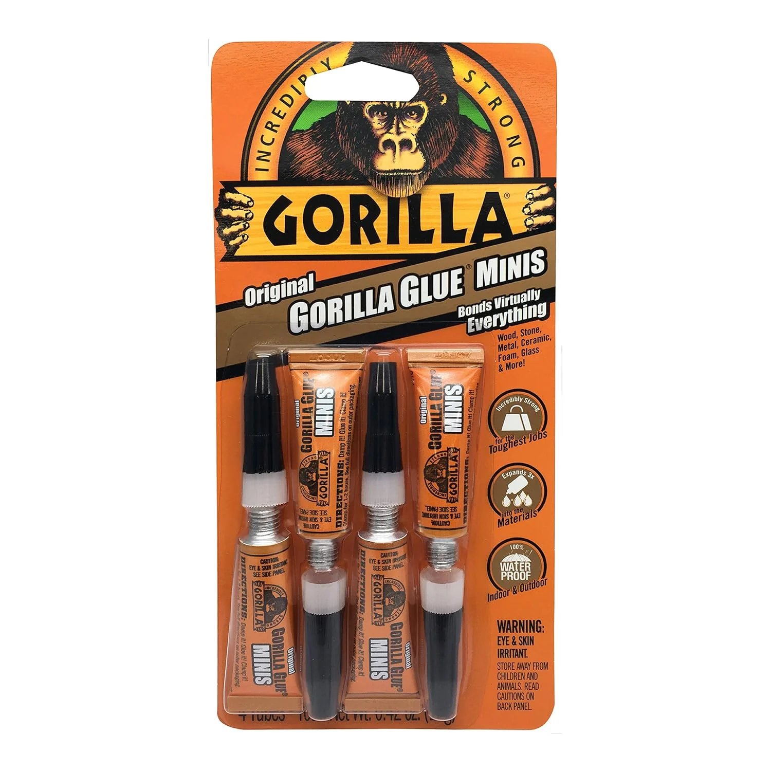 Gorilla Original Glue Mini Tubes – 4 Pack, 3g Each, Brown Waterproof Formula