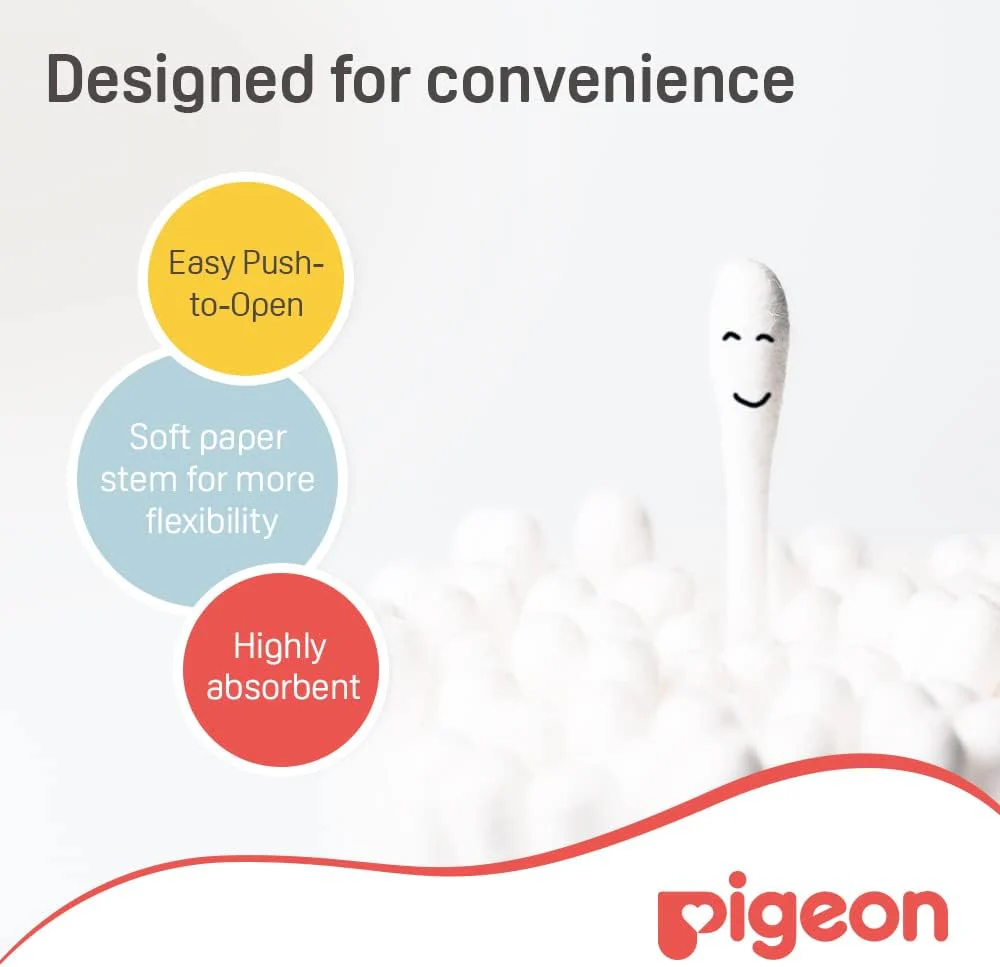 Pigeon Cotton Swabs, Flexible And Soft Paper Stem, 100% Soft Cotton Tips, Extra Thin, 200 Pieces, White - Image 2
